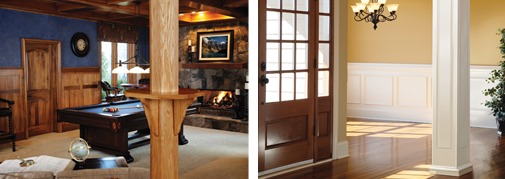 Sous-sol de style cottage anglais avec des boiseries et une porte d'entrée traditionnelle avec des moulures blanches